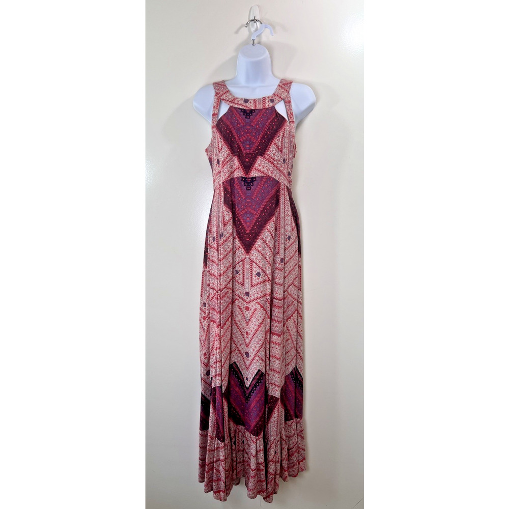 Free People Womens Maxi Dress Size 0 XS Coral Gray Pink Cutout Southwestern Boho
